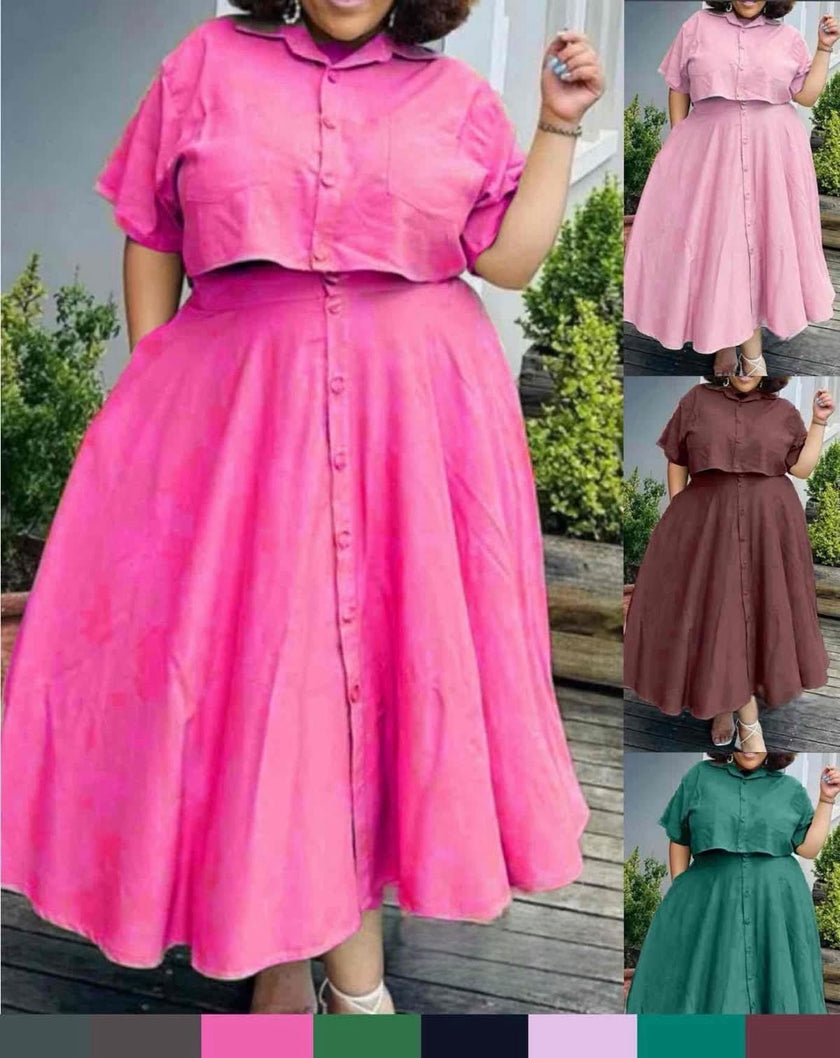 Midi dress with flared skirt, pink button-up bodice and short sleeves