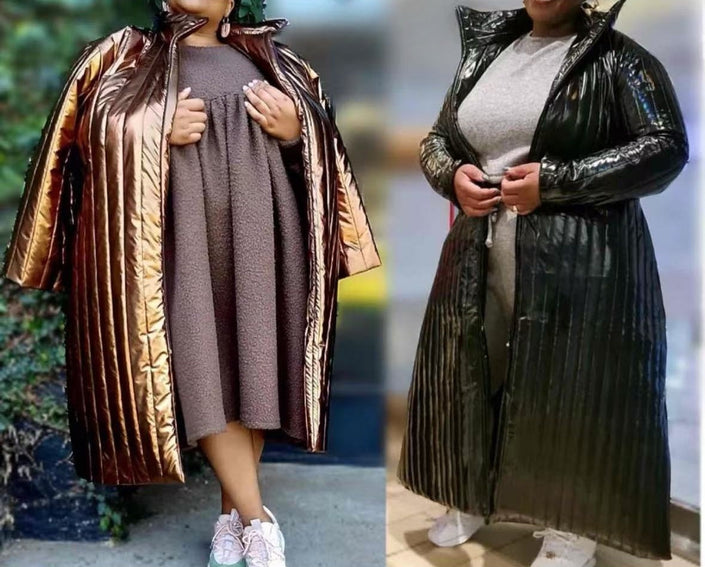 Shiny quilted long coat with high collar, open front, gold and black sheen