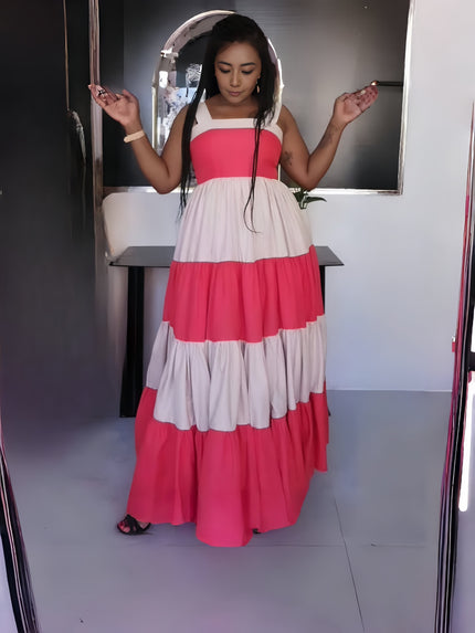 Layered two-tone maxi dress with tiered skirt, pink top and white/rose middle layers.