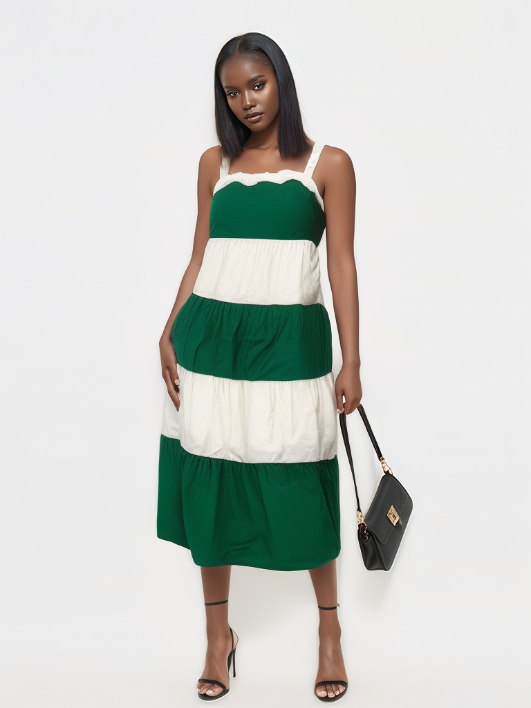 Layered two-tone midi dress with tiered skirt, green bodice and cream/green ruffles.