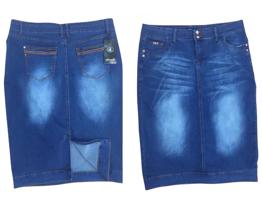 Blue denim skirt with diagonal crease detail, front pockets, and button closure