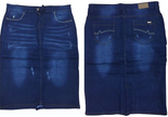 High-waist denim skirt with distressed blue wash, button front, and two front pockets