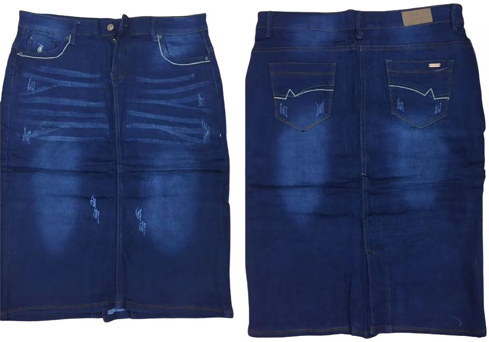 High-waist denim skirt with distressed blue wash, button front, and two front pockets