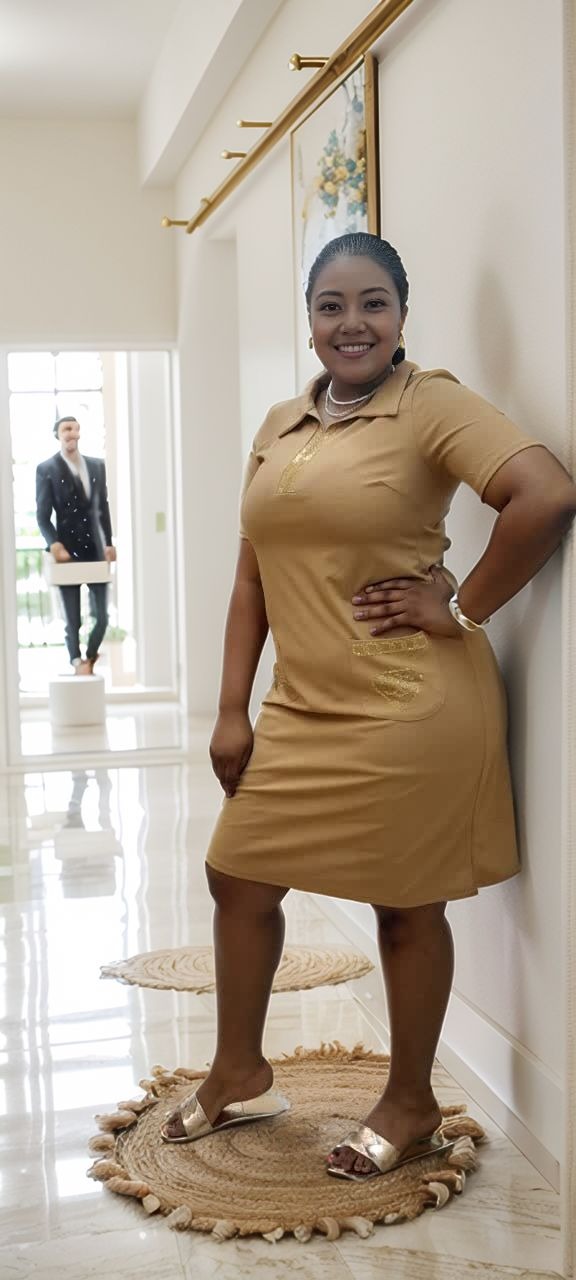 Nude polo dress with gold embroidery, short sleeves and collared neckline