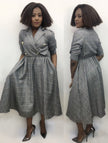 Grey plaid midi coat dress, cinched waist, button-up front, 3/4 sleeves