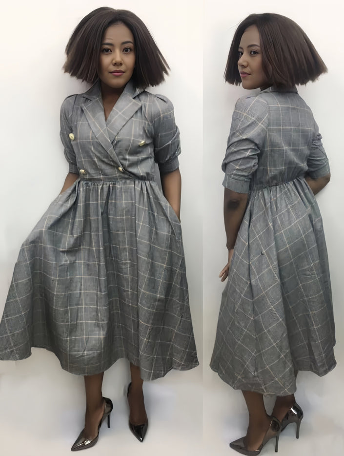Grey plaid midi coat dress, cinched waist, button-up front, 3/4 sleeves