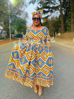 Chevron maxi dress with multicolor zigzag print, wide sleeves and flowing skirt