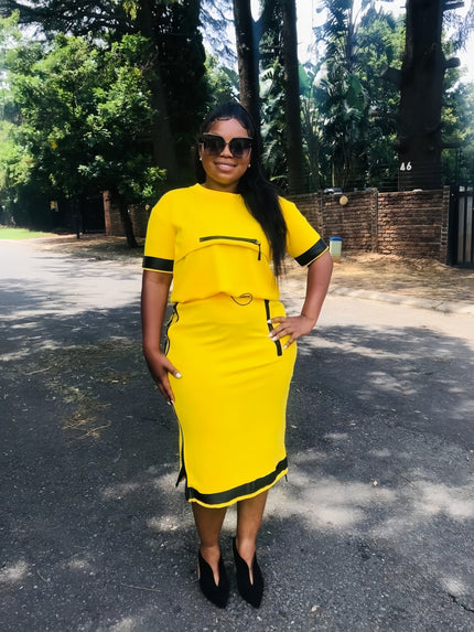 Yellow midi twin set dress with black trim, short sleeves, fitted pencil silhouette