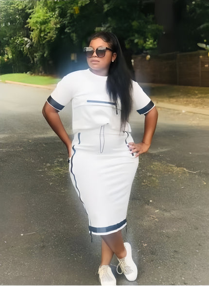 White midi twin set dress with blue trim, short sleeves, fitted pencil silhouette