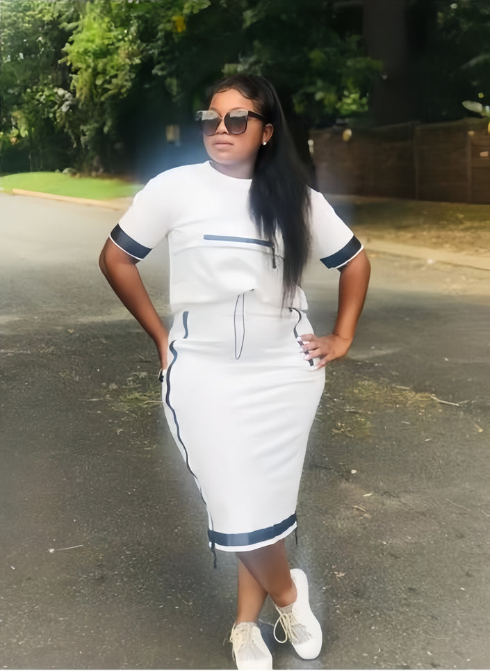 White midi twin set dress with blue trim, short sleeves, fitted pencil silhouette