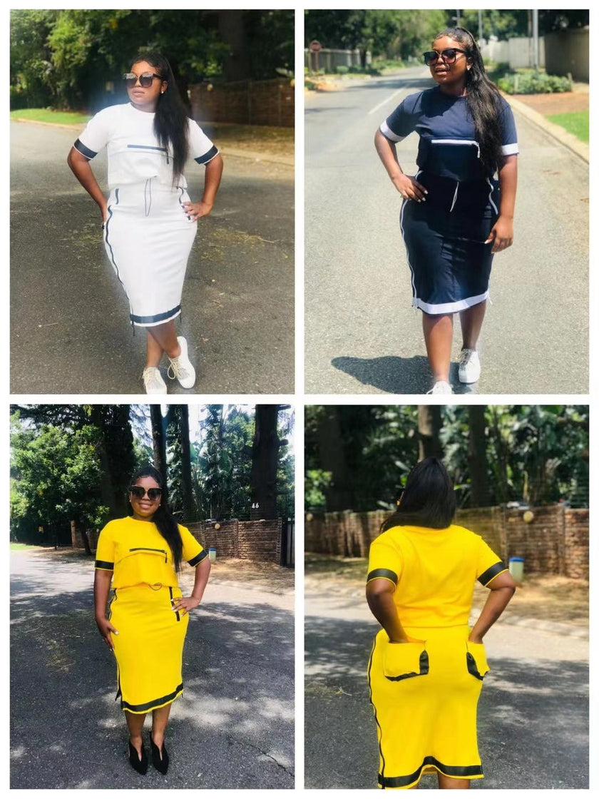 Collage of midi twin set dresses in white, dark, and yellow with contrasting trim