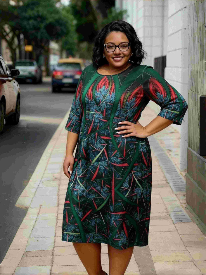Abstract midi dress with long sleeves, green base, multicolor graphic pattern