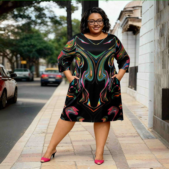 Abstract midi dress with short sleeves and round neckline, black with multicolor swirl print