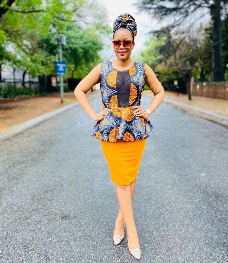 Round Neck Sleeveless Peplum Top with Geometric Patterns & Pencil Skirt Set