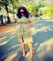 Olive shirt dress with tie waist, chest patch pockets, short sleeves, midi length