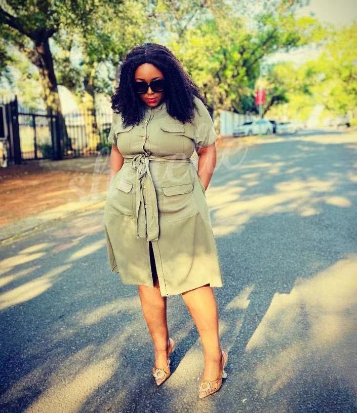 Olive shirt dress with tie waist and chest pocket, short sleeves, midi length.