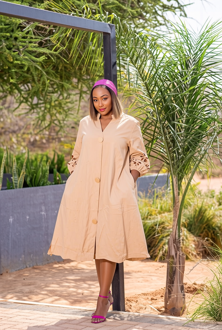 Beige midi dress with cutout sleeves and front button detailing, relaxed fit