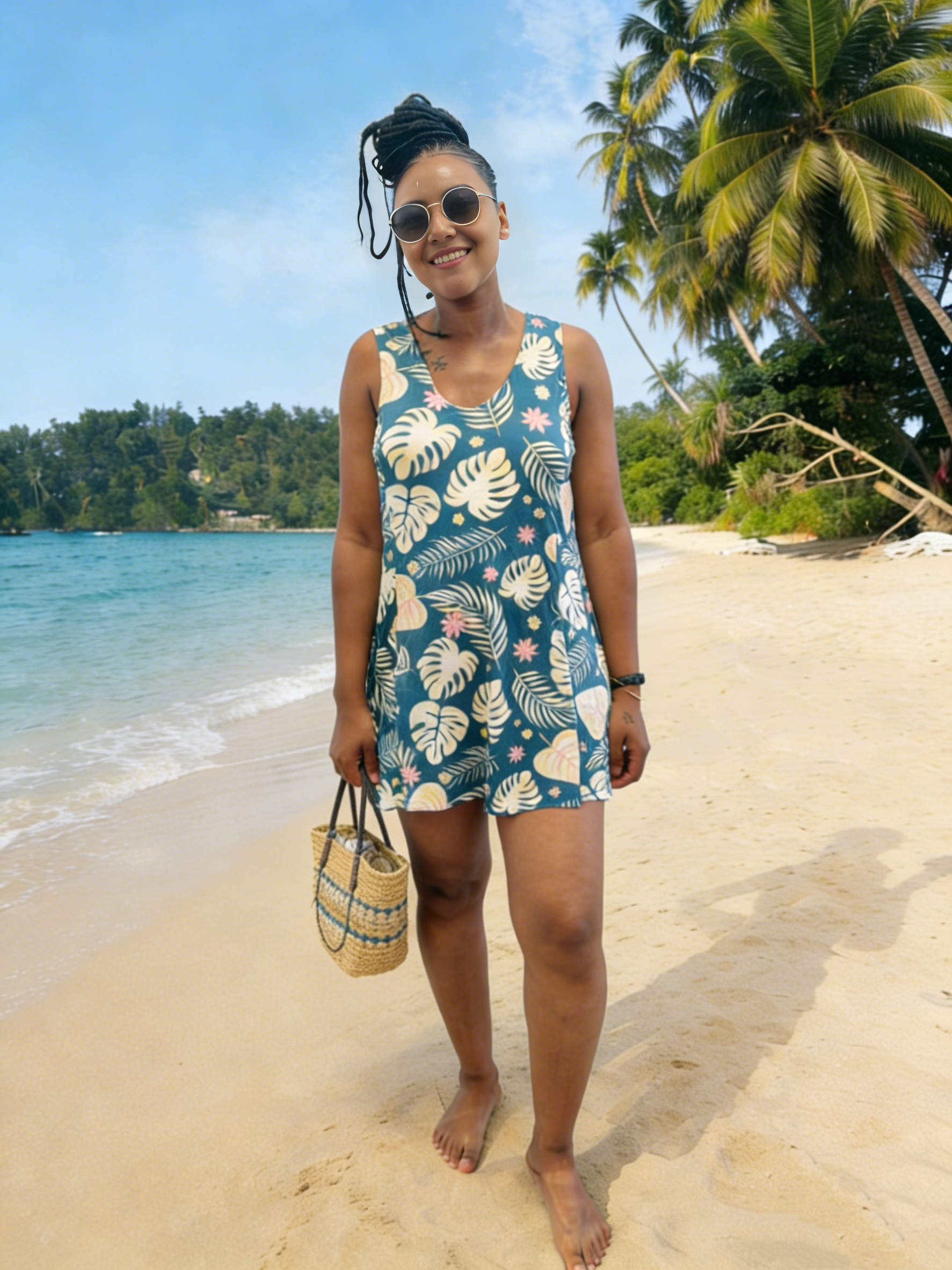 Tropical print swimsuit dress, navy with white palm leaves, sleeveless V-neck