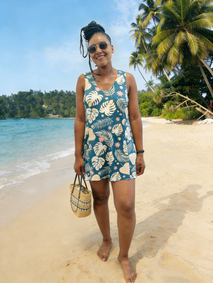 Tropical print swimsuit dress, navy with white palm leaves, sleeveless V-neck