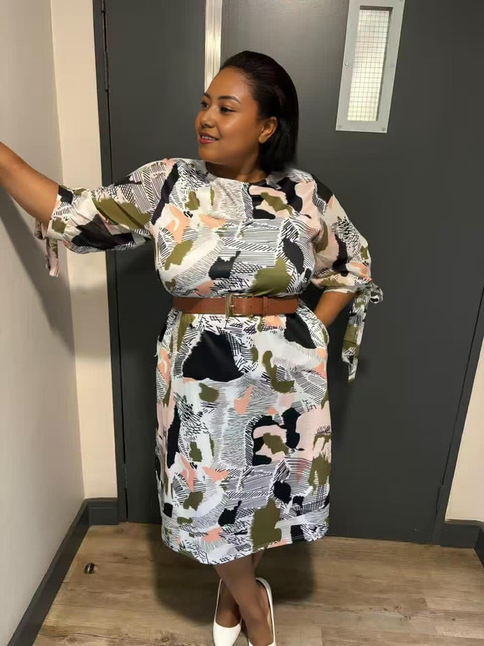 Abstract print midi dress with stretch waist, white with black and pastel accents