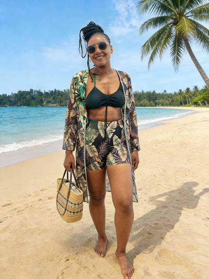 Tropical print high-waist swimsuit set with black swim top and matching cover-up