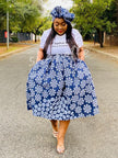 Flare skirt with blue-and-white circular African print, gathered waist and full skirt