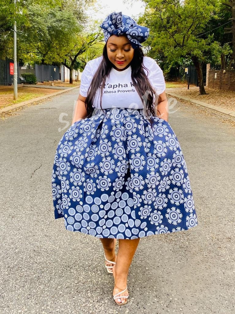 Flare skirt with blue-and-white circular African print, gathered waist and full skirt