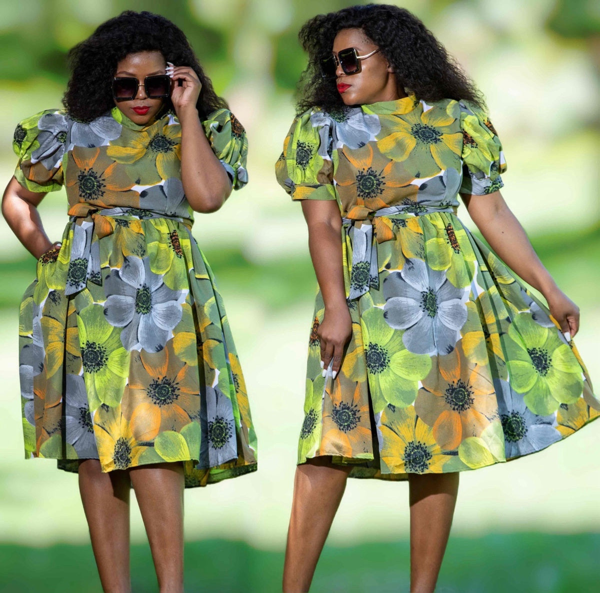 Floral puff-sleeve midi dress with tie waist, yellow-green and gray floral print