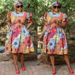Floral puff-sleeve midi dress with tie waist, red-orange and gray floral print