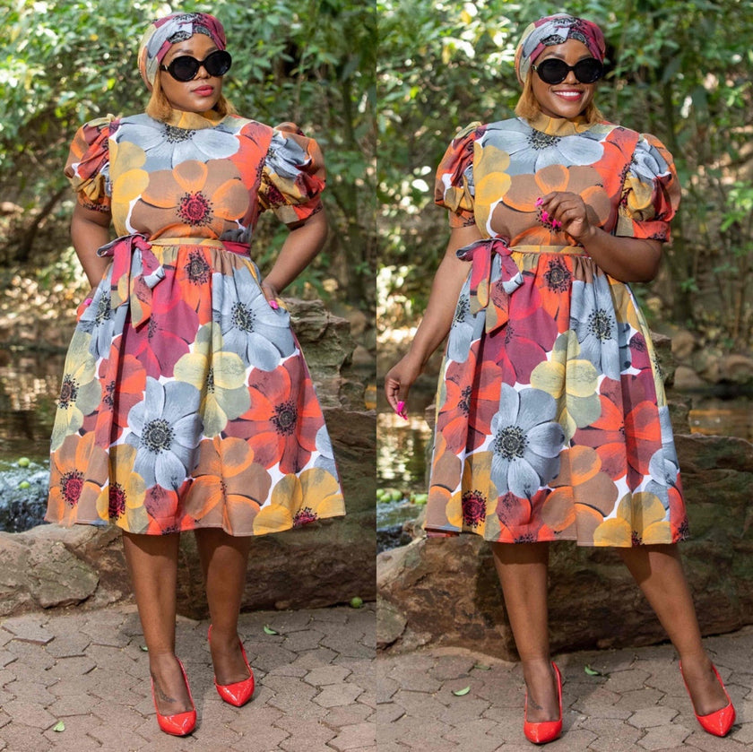 Floral puff-sleeve midi dress with tie waist, red-orange and gray floral print