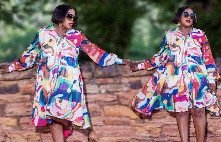 Multicolor printed midi dress, collared button-front with long sleeves