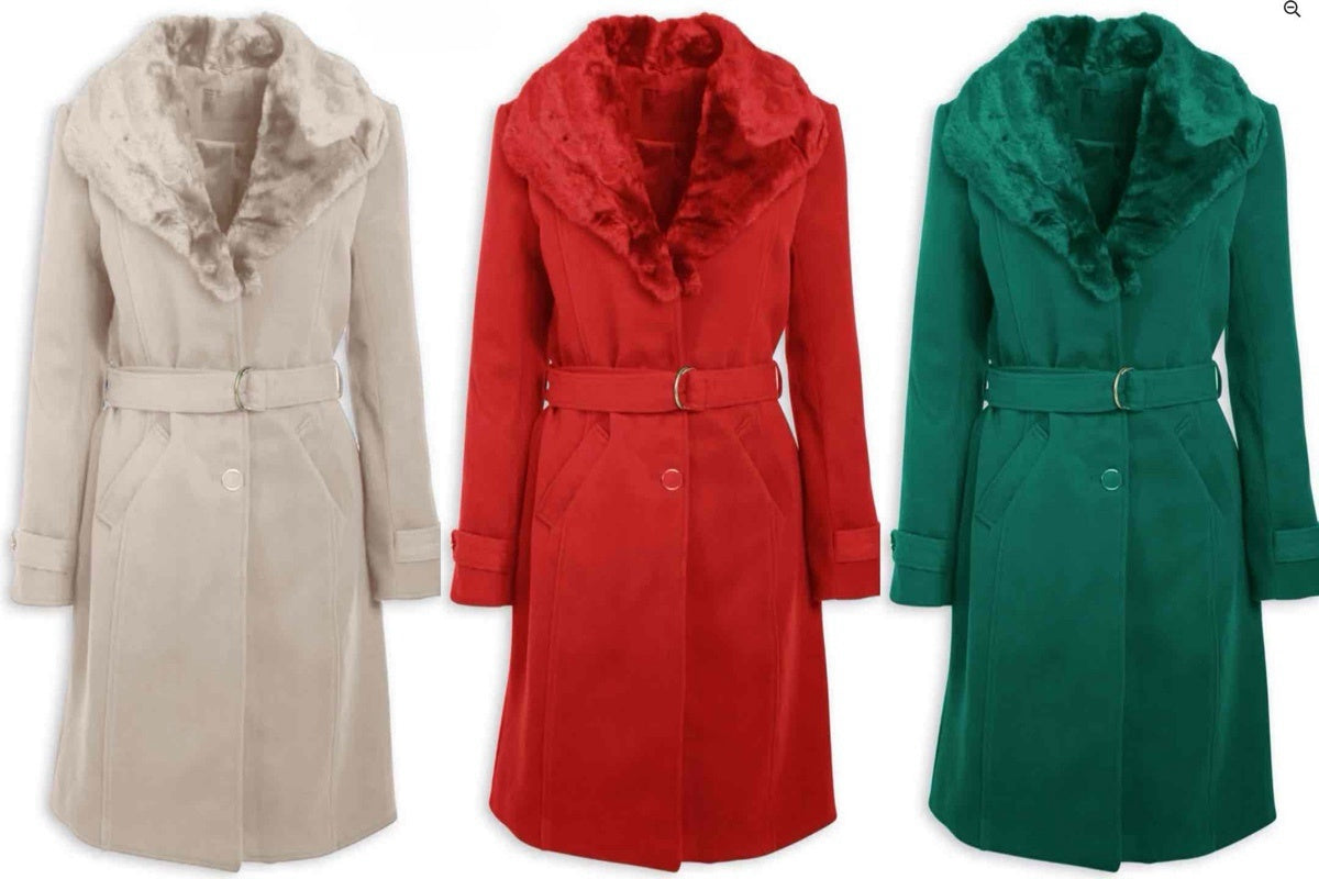 Three belted winter coats with faux fur collars: beige, red, and green.