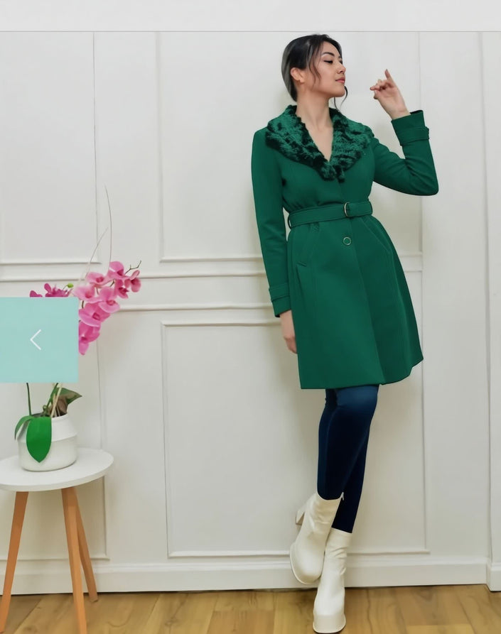 Green belted winter coat with faux fur collar, long sleeves, knee length.