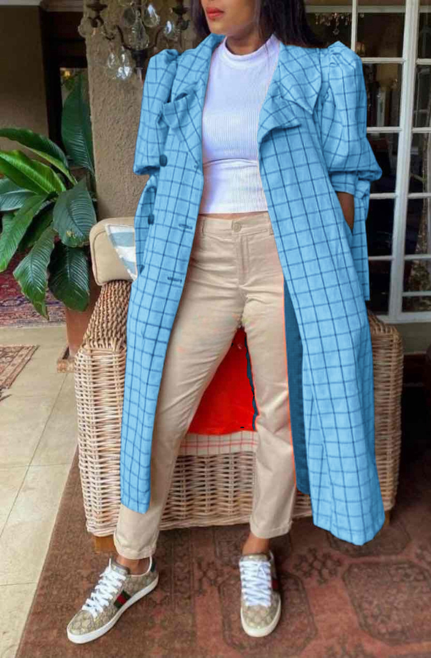 Plaid trench coat (Blue) with puff sleeves, belted layered design