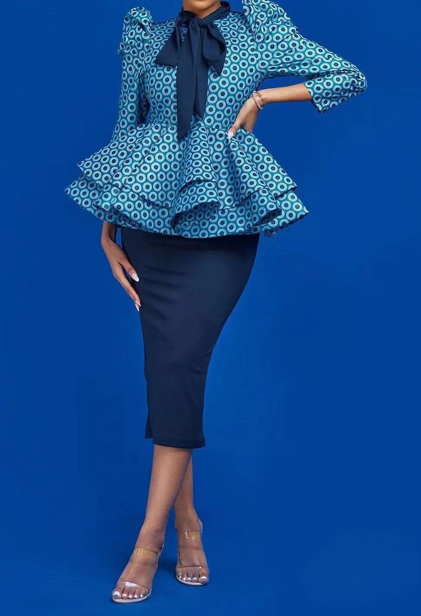 Bow Tie Long Sleeve Traditional Top with Pencil Skirt