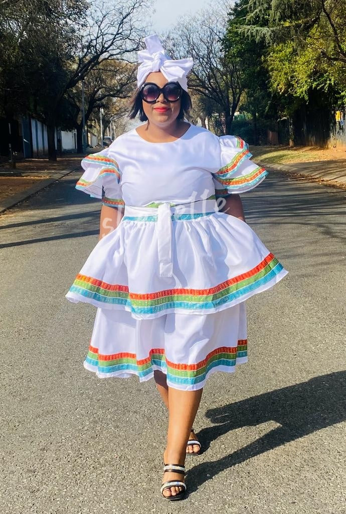 White skirt dress set, rainbow trim and puff sleeves