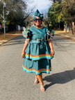 Teal skirt dress set with rainbow-trim puff sleeves and tiered skirt