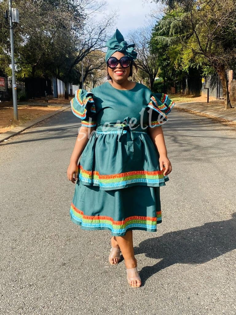 Teal skirt dress set with rainbow-trim puff sleeves and tiered skirt