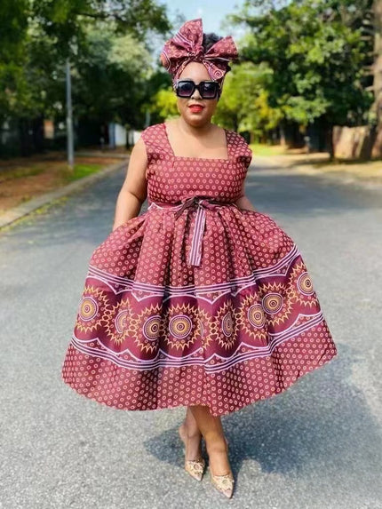 Traditional Circular Patterned Dress with Ruffled Hem