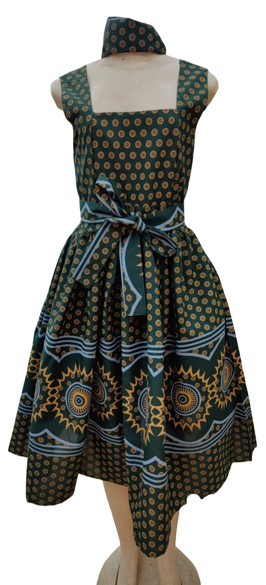 Back view midi dress, dark green with gold circular print and tied waist