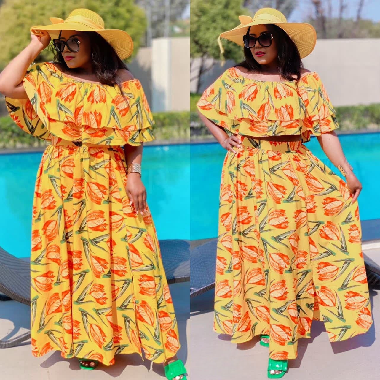 Ruffle off-shoulder maxi dress with tie waist, colorful leaf-print pattern