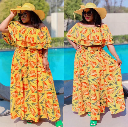 Ruffle off-shoulder maxi dress with tie waist, colorful leaf-print pattern