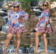 V-Neck Long Sleeve Flared Skirt Dress with Belted Waist and Ruffle Detailing