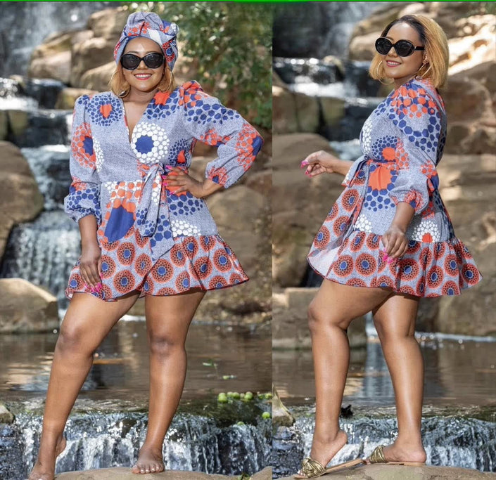 Belted mini dress with puff sleeves and colorful African print