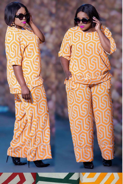 Geometric twin set with orange geometric print top and wide-leg pants