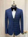 Blue check single-breasted men’s suit jacket with notched lapels and two-button closure