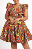 Geometric ruffle dress with short puff sleeves, V-neck and pleated skirt, multicolor