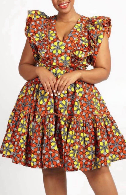 Geometric ruffle dress with short puff sleeves, V-neck and pleated skirt, multicolor