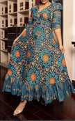Maxi V-neck ruffle-hem dress with teal, orange African print and short puff sleeves