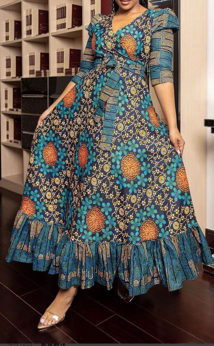 Maxi V-neck ruffle-hem dress with teal, orange African print and short puff sleeves
